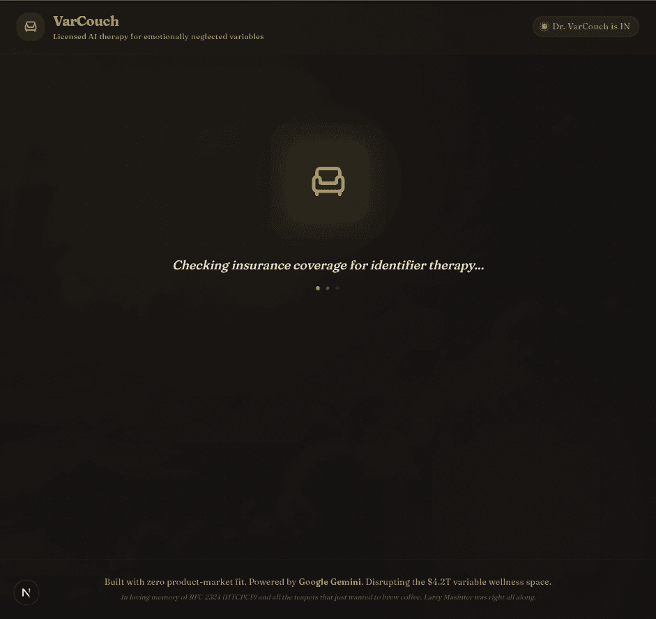 Loading animation with floating couch and code symbols