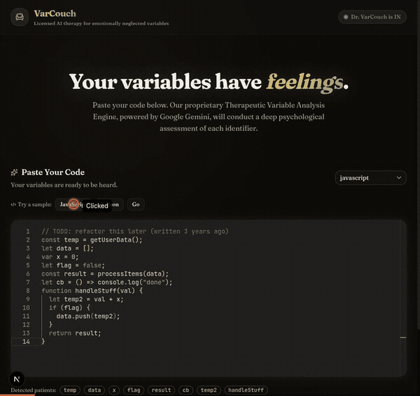 Demo GIF showing the complete therapy flow from code paste to results