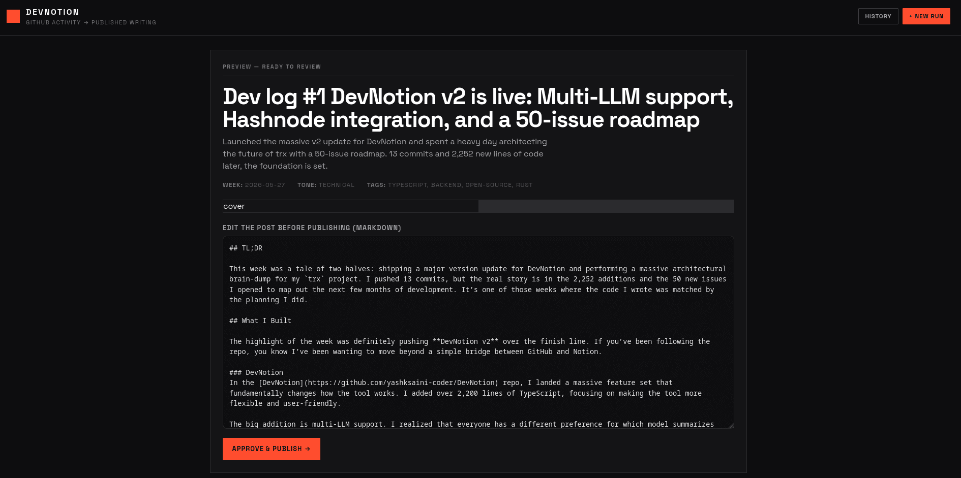 Preview & edit screen — the generated post in an editable markdown box, an Approve & Publish button, and a stats grid