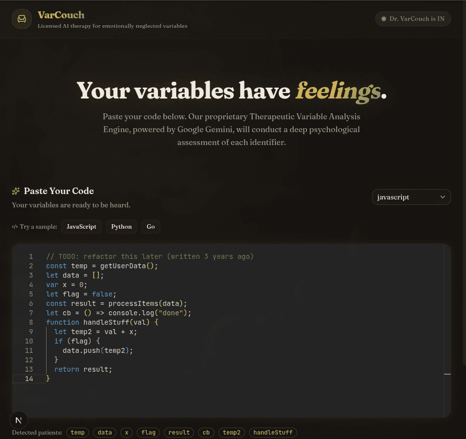 VarCouch homepage with the tagline "Your variables have feelings" and a code editor waiting for patients